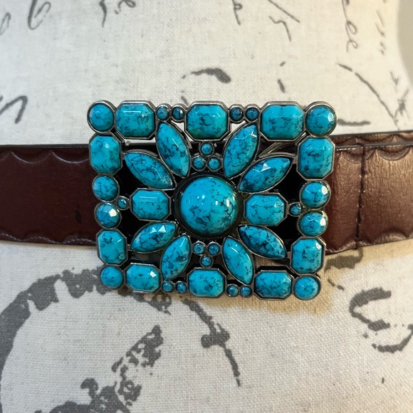 Brown Leather Belt with Faux Turquoise Buckle. Size: M. - Picture 2 of 7